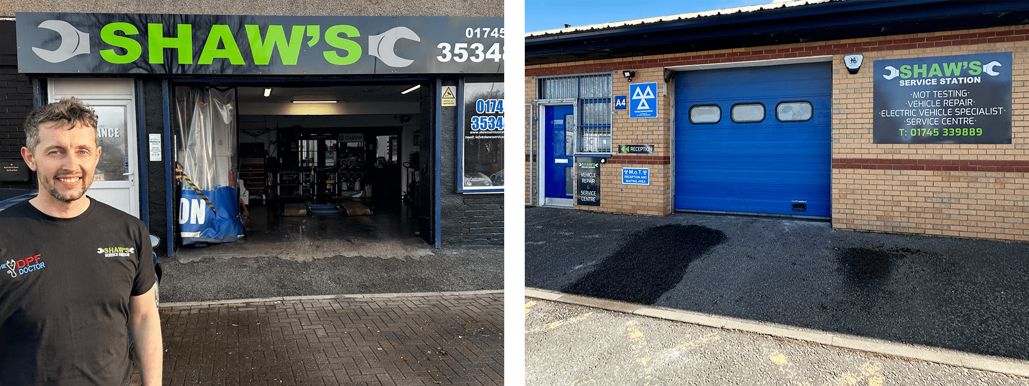 Two photos of the Shaw's Service Station branches. On the left, we have the Kimnel Bay branch with owner Richard standing proudly outside. On the right we have the Rhyl branch with a big blue door.
